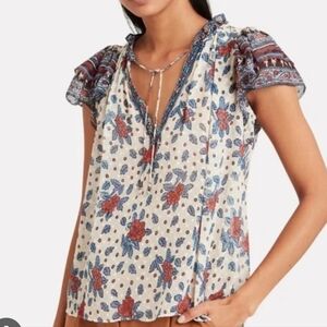 Ulla Johnson Elise Floral Print Dot Flutter Sleeve Top, Silk Blend, Size XS